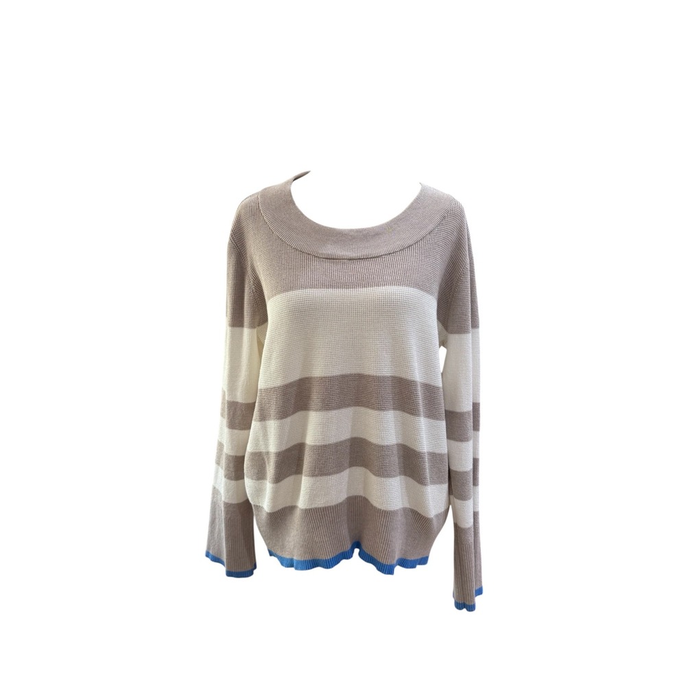 Cyrus Women Tan Cream Striped Scoop Neck Knit Sweater Blue Trim C082417 Size L‎